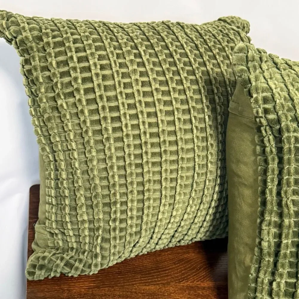 Crate & Barrel 2 green velvet pillows 18x18